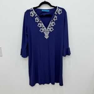 Tori Richard Honolulu Dress soft navy blue with white trim split neck midi knee